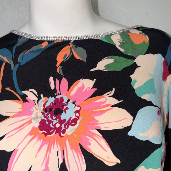 Prelude Floral Bell Sleeve Bling Rhinestone Embellished Stretch Knit Blouse Sz L - Picture 5 of 11